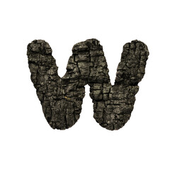 burned wood letter W - Lower-case 3d charcoal font - Suitable for Nature, disaster or fire related subjects