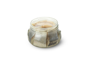 Jar with herring fish slices isolated on white background