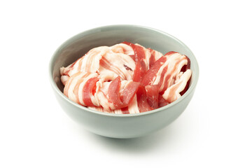 Bowl with bacon isolated on white background