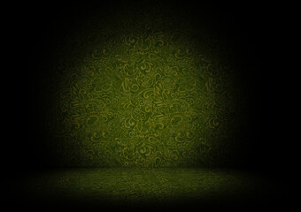 Green flower ornaments on dark room under spotlihgt front view 3d rendering
