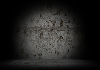 Front view of textured concrete wall and floor with dirt and stains wallpaper 3d rendering