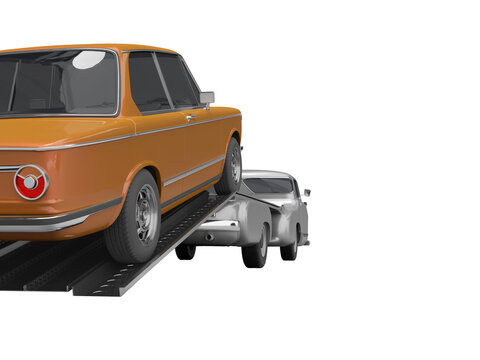 3d rendering concept of loading car on tow truck isolated rear view on white background no shadow