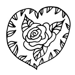 Black line vector heart with flover. Simple doodle drawing for template or decore. Saint Valentins day.