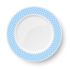 Empty classic white vector plate with light blue pattern isolated on white background. View from above.