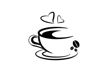 cute cartoon coffee cup with hot coffee outline design with coffee beans, saucer, round bottom cup vector icon for café backgrounds, menu covers illustration.  
