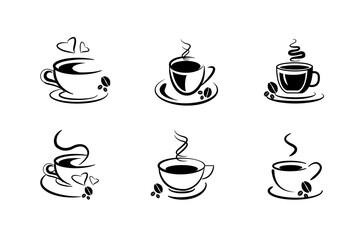 set of cute cartoon coffee cups with hot coffee outline and stroke design with coffee beans round bottom cups vector icons for menu covers, backgrounds illustration. 
