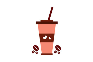 cute cartoon coffee paper cup with straw and lid with coffee beans isolated on white background design for backgrounds, menu covers illustration.