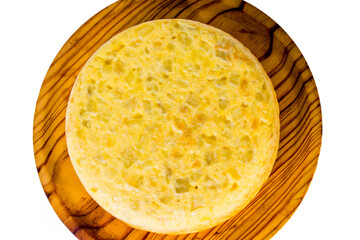 Spanish omelette on a wooden tray on white background