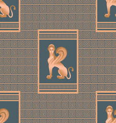 Sphinx. The image of a mythological creature with a woman's head, the body of a lion and the wings of an eagle. Stylization for the culture of Greece. Vector graphics. Seamless pattern