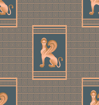 Sphinx. The image of a mythological creature with a woman's head, the body of a lion and the wings of an eagle. Stylization for the culture of Greece. Vector graphics. Seamless pattern