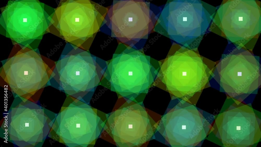 Poster light wall on isolated black background, close-up of rectangular rotating squares of lights rotating