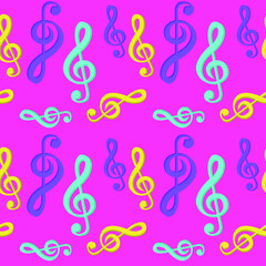 Multicolored treble clefs on a pink background, texture for design, seamless pattern, vector illustration