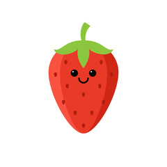 Isolated cartoon red strawberry with kawaii face on white background. Colorful friendly strawberry. Cute funny fruit personage. Flat design. For children product.