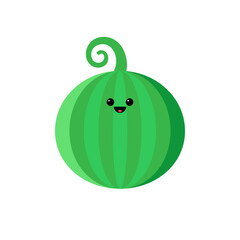 Isolated cartoon green watermelon with kawaii face on white background. Colorful friendly watermelon berry fruit. Cute funny personage. Flat design. For children product.