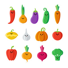 Set of isolated cartoon vegetables with kawaii face on white background. Collection of colorful friendly vegetables. Cute funny personage. Flat design. For children product.