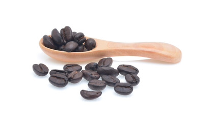 Seeds coffee in wooden spoon isolated on white background.