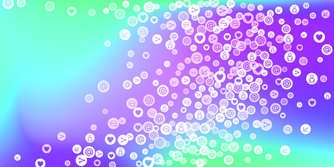 Social media marketing, Communication networking concept. Random icons social media services tags on color background. Comment, friend, like, share, target, message. Vector Internet concept.