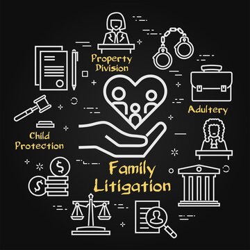 Vector black line banner of legal proceedings - family litigation icon