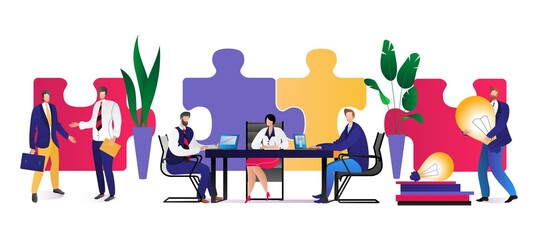 Teamwork business puzzle concept, vector illustration. People work for cooperation partnership, success strategy idea. Man woman character connect jigsaw piece together, cartoon design.