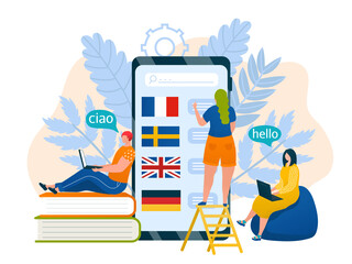 Smartphone technology with language, vector illustration. Study english, spanish, french online by flat education at internet course. Student translate at lesson, communication at foreign language.