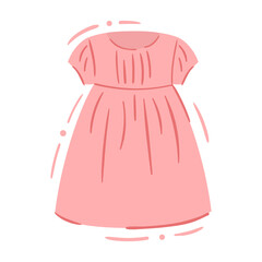 Casual baby girl pink dress with fluffy skirt - isolated vector illustration. Cute kids dress. Casual or party baby clothing, single clipart. Infant fashion - object of kid wardrobe