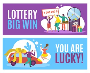 Lottery big win banner, lucky game concept, vector illustration. Chance for money prize, flat people character at gambling design. Cartoon lucky person winner set, internet jackpot game.