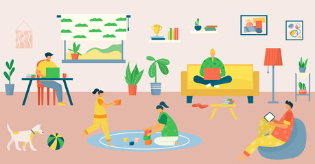 Fototapeta na wymiar Family work at home, freelance by computer vector illustration. Mother father people freelancer use laptop, flat child play at room. Flat man woman work in internet, job lifestyle.