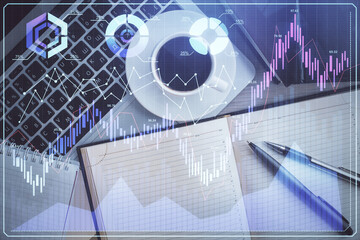 Stock market chart and top view computer on the table background. Double exposure. Concept of financial analysis.