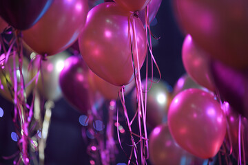A large number of celebration and party colorful christmas baloons with pink ribbons. Event...