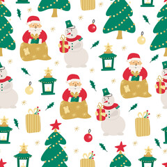 Xmas vector seamless pattern with  Santa with bag, snowman,  gift boxes, lanterns and Christmas trees on white background. Great for fabrics, wrapping papers, covers. Hand drawn flat illustration.
