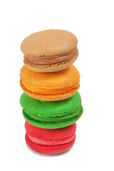 Stack of colorful French macaroons on a white background