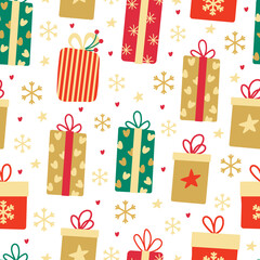 Xmas vector seamless pattern with colorful gift boxes decorated with hearts, stars, ribbon bows on white background. Great for fabrics, wrapping papers, covers. Hand drawn flat illustration.