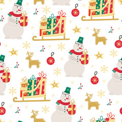Fototapeta premium Xmas vector seamless pattern with snowman, Santa's sleigh with gifts, Christmas balls, deer, snowflakes on white background. Great for fabrics, wrapping papers, covers. Hand drawn flat illustration.