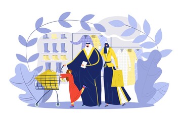 Muslim family in hijab shopping, vector illustration. Arabic people buy clothes in flat supermarket background design. Cartoon man woman character follow religion and national rules together.
