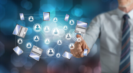 Man touching a social network connection concept