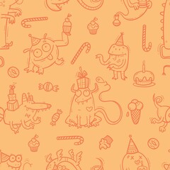 Birthday seamless pattern with cute monsters on  orange background. Colorful wallpaper. Doodle cartoon dragon print. Line art poster.