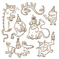 Birthday set  with cute cartoon monsters in party hats. Vector doodle collection. Little funny animal print. Сake and gift poster.