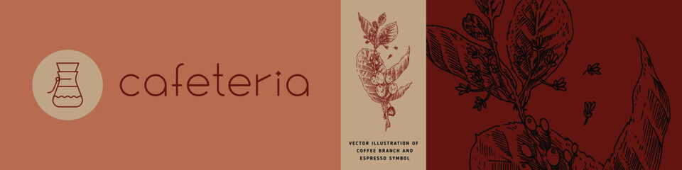 Vintage coffee shop banner template with vector coffee beans drawing in engraving style. Isolated coffee branch illustration on color background. Panoramic coffee roasting banner. Organic caffeine.