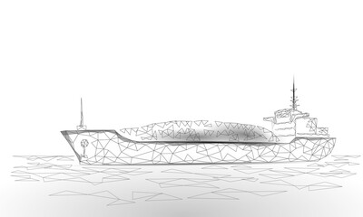 Dry cargo ship sea industry transportation. Large sailing boat barge. Delivery shipping float industrial concept. Low poly triangle design heavy vessel vector illustration