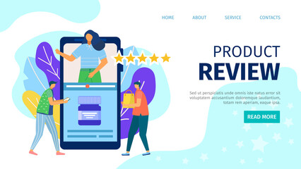 Online opinion, review vector illustration. Feedback at smartphone concept, cartoon customer choice about product. Flat business service with positive rating, star and woman social vote.