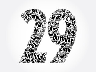 Happy 29th birthday word cloud, holiday concept background