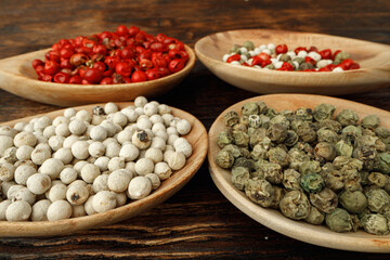 Red, green and white peppercorns spice macro