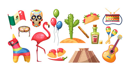 Naklejka premium Mexican culture traditional symbols collection. Traditional: Mayan pyramid, musical instruments, guitar, maracas, cactus, food, taco and pinata, tequila, flamingo, games, flag, skull masks vector