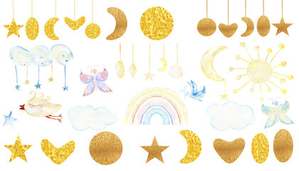 Watercolor clouds, rainbow, moon, stars,bird, butterfly, sun, Sleeping set. Children's Illustration.