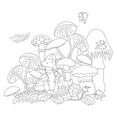 Poisonous mushrooms in a clearing among the foliage that look very attractive. A snail slowly creeping past. Zenart. Anti-stress coloring..