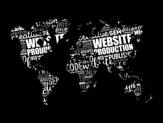 Fototapeta na wymiar Website production process word cloud in shape of world map, technology concept background