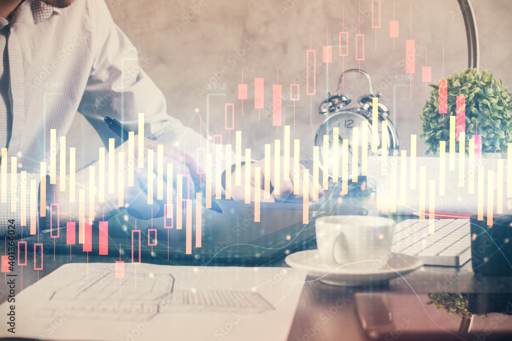 Poster double exposure of man's hands holding and using a phone and financial graph drawing. analysis conce