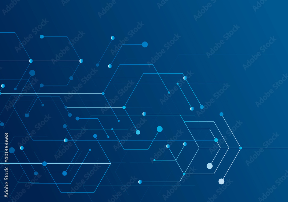 Poster Hexagon technology connect in modern style on blue background. Internet connection network high digital technology. Abstract background technology graphic design