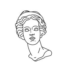 Head of an antique statue. Plaster sculpture of a woman. The symbol of love and beauty. Line art minimal concept. Vector illustration isolated on white background tattoo flash design