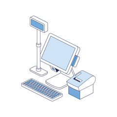 Cash register, receipt printer, computer screen. Vector 3d line isometric, color web icons, new flat style. Creative illustration, idea for infographics.